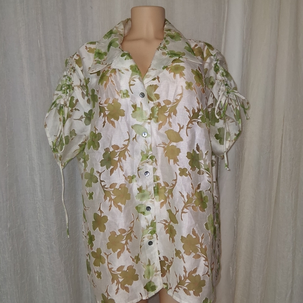 Susan Graver Green and White Floral Blouse Women 3X